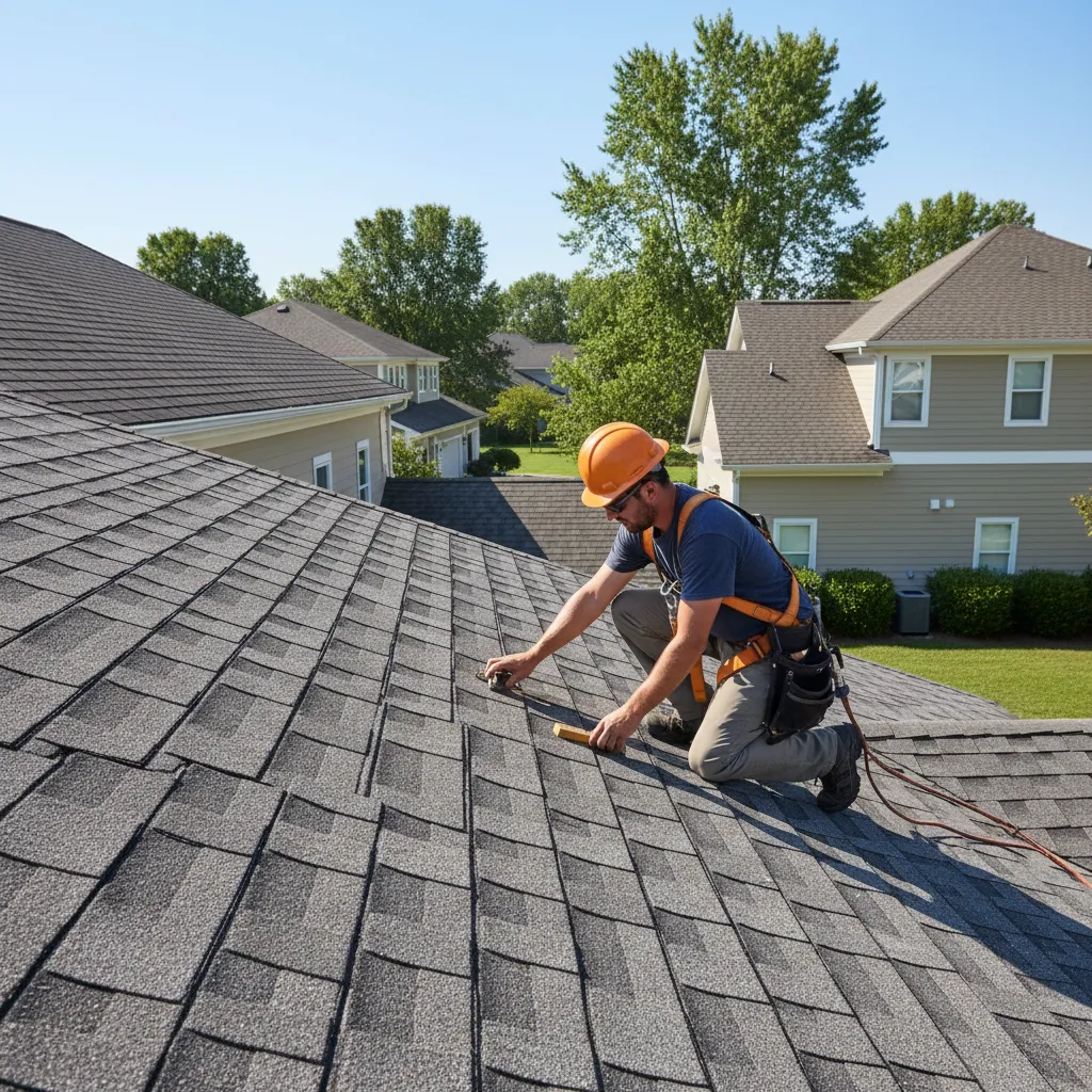 Contractor inspecting residential roof shingles during estimate