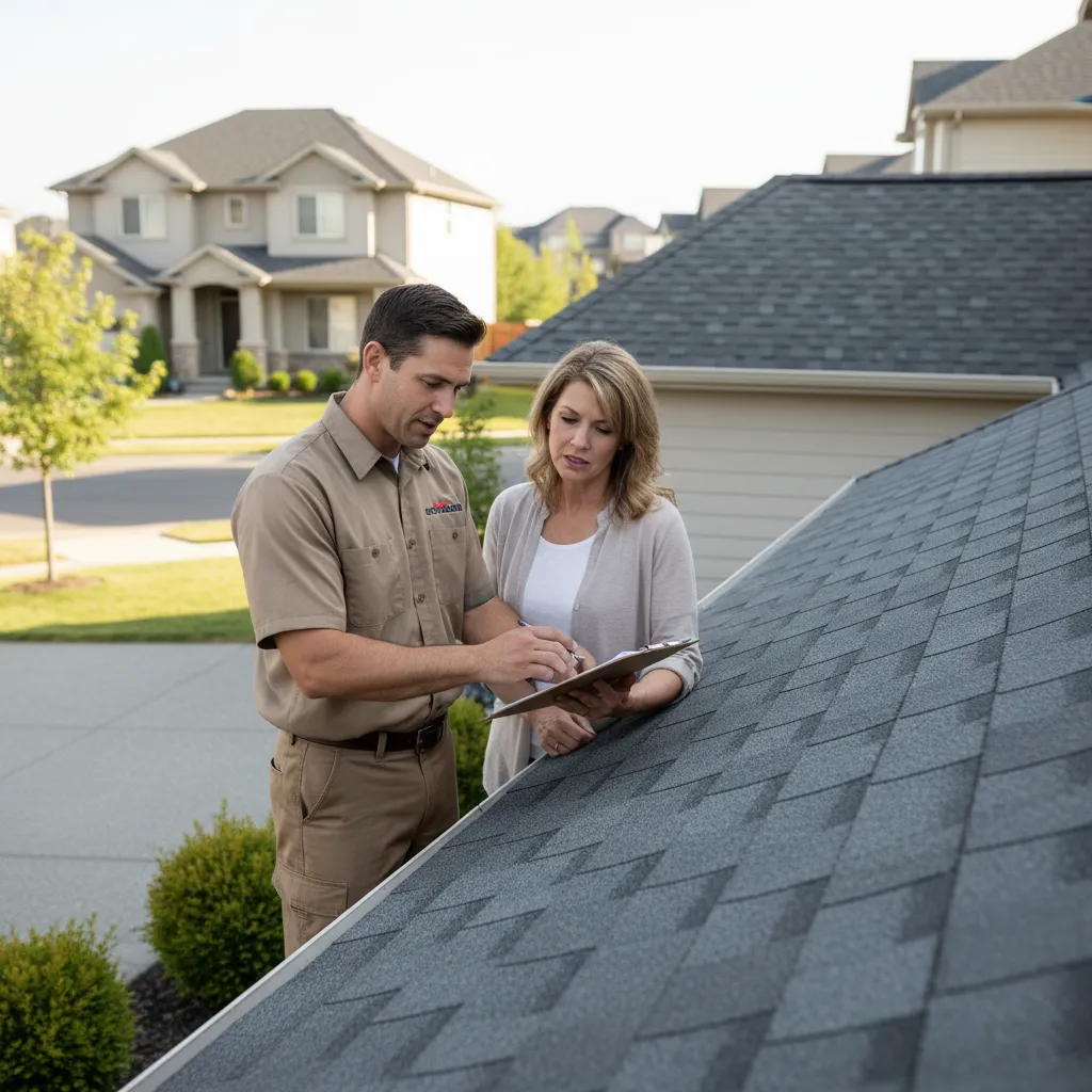 Contractor explaining roof inspection results to homeowner