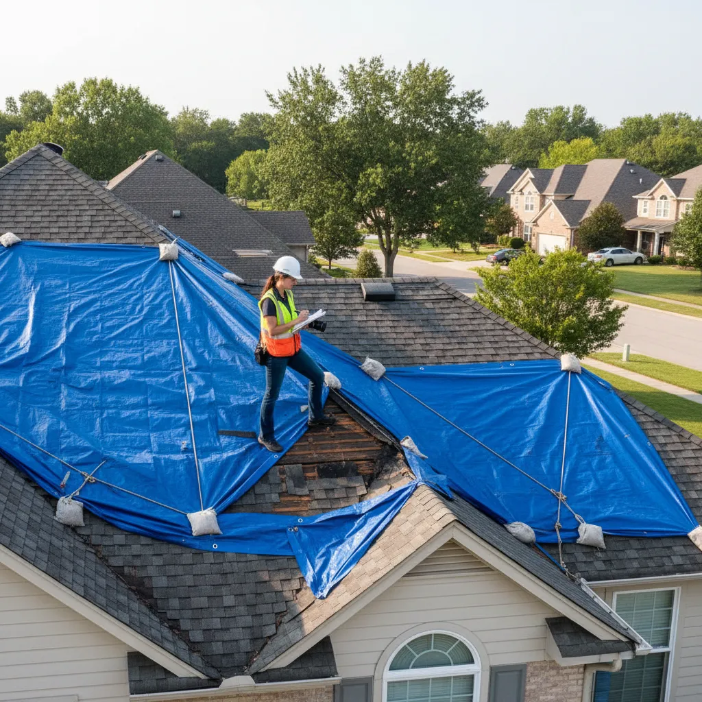 roof inspector documenting tarp covered storm damage for insurance claim