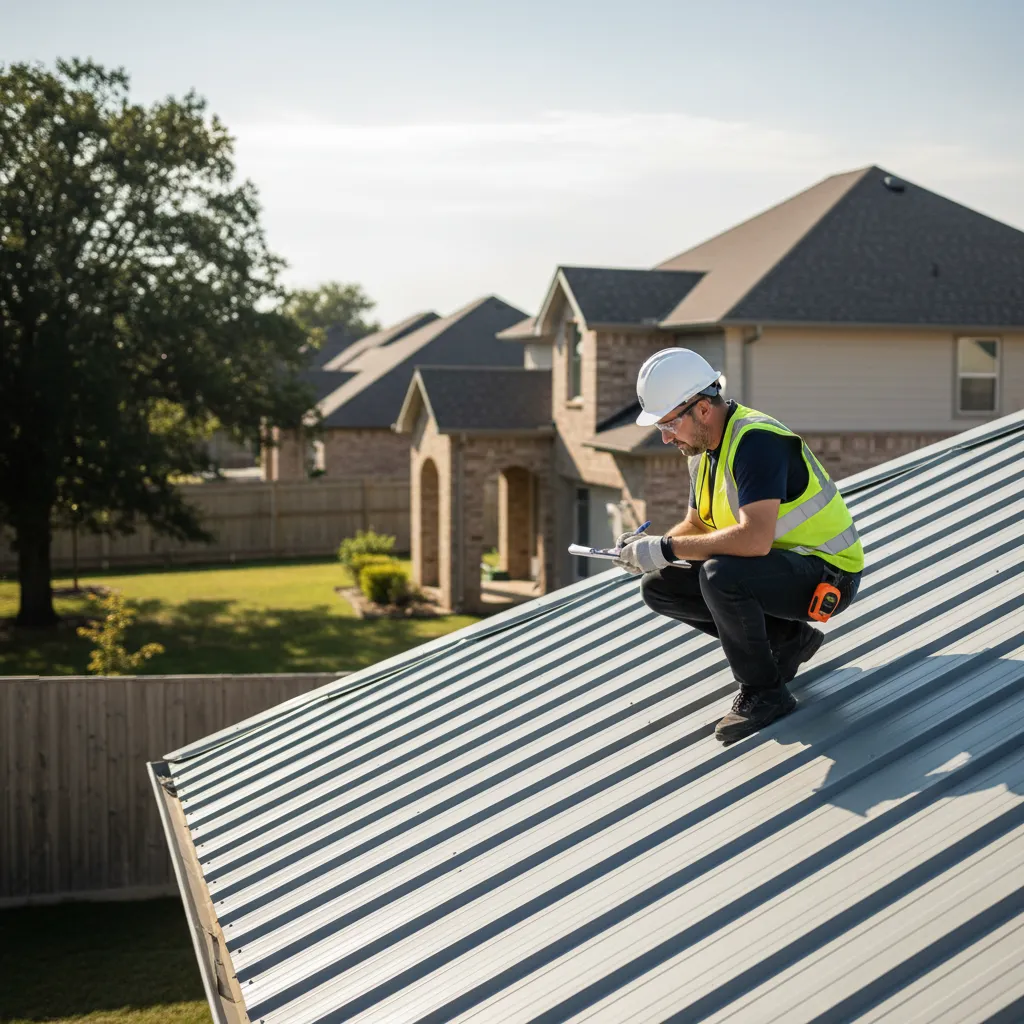 building inspector examining metal roof installation on residential home