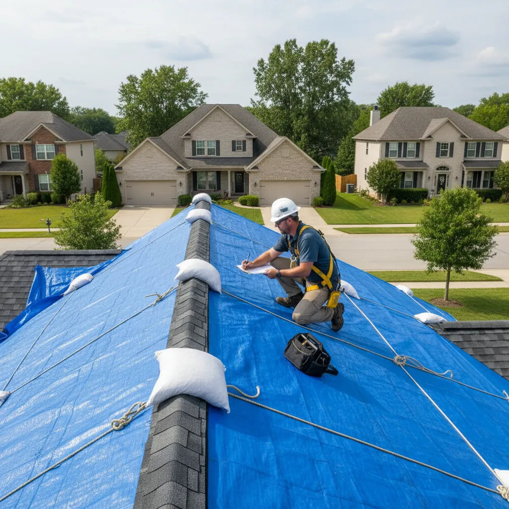 roof inspector examining tarp-covered damaged roof section