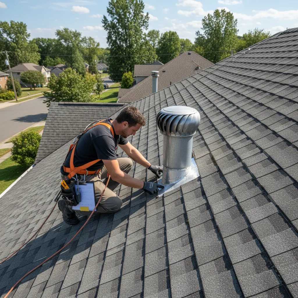 roof inspector examining plumbing vent cap and flashing