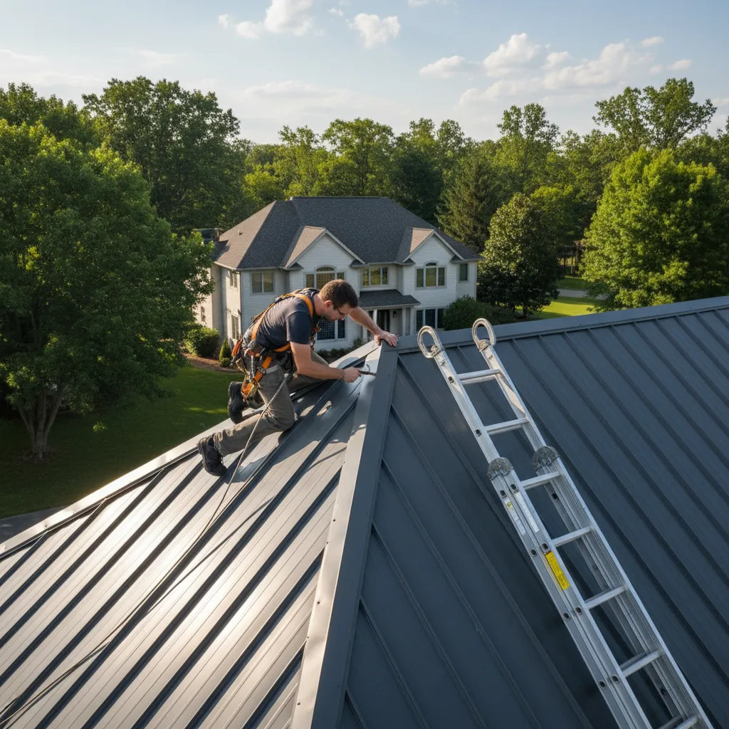 Roof inspector standing near ladder hooked over metal roof ridge