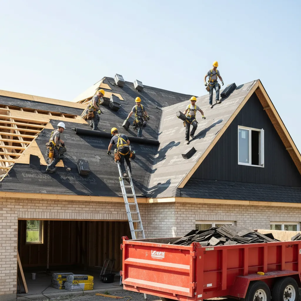 Roof installation workers installing roofing materials on residential house