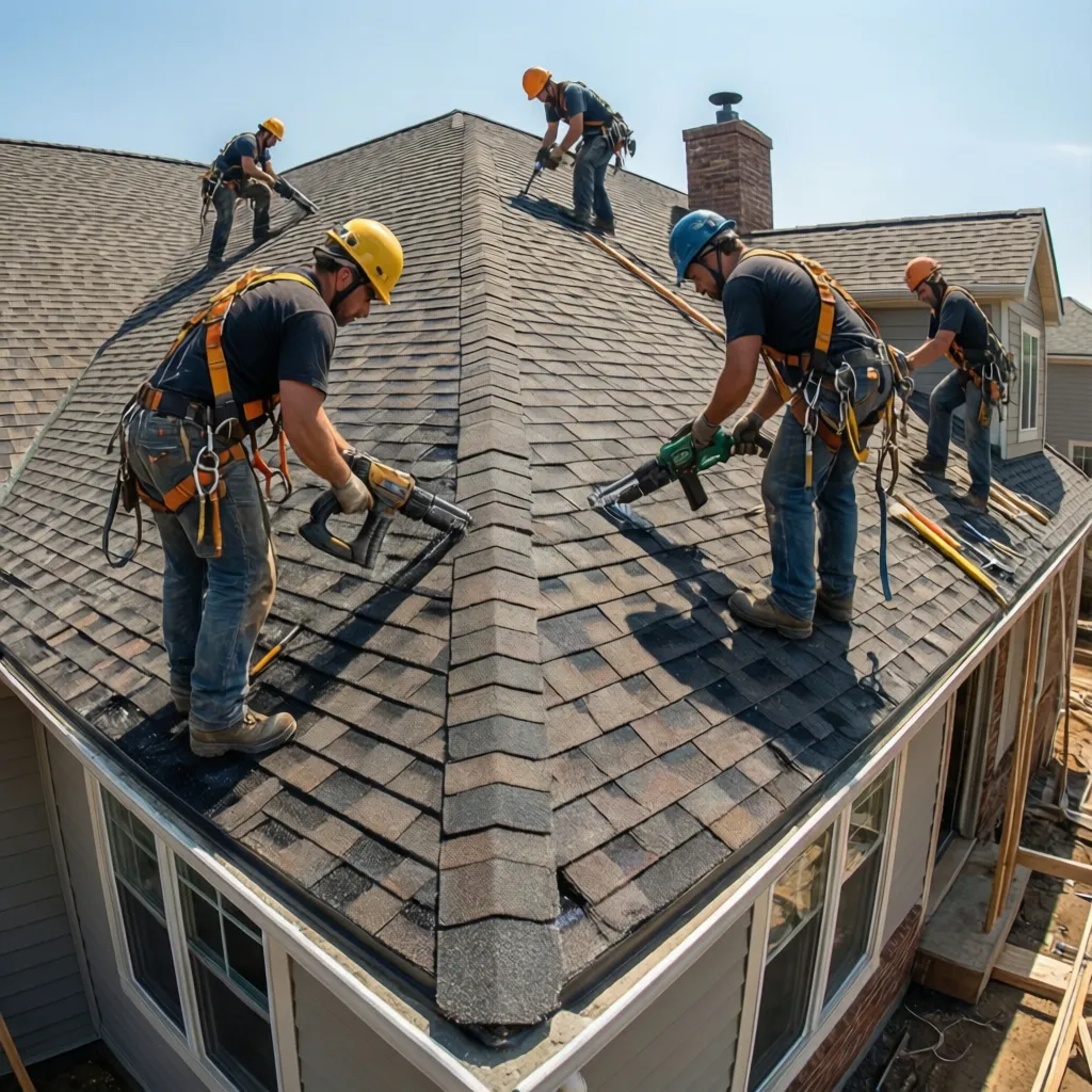 Roofing crew installing shingles on residential home roof
