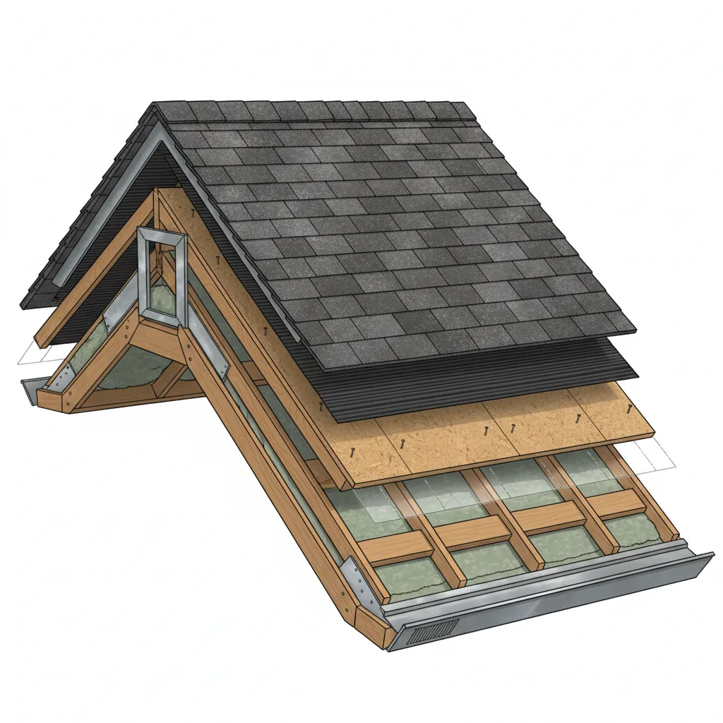 Roof installation layers showing shingles underlayment flashing and ventilation