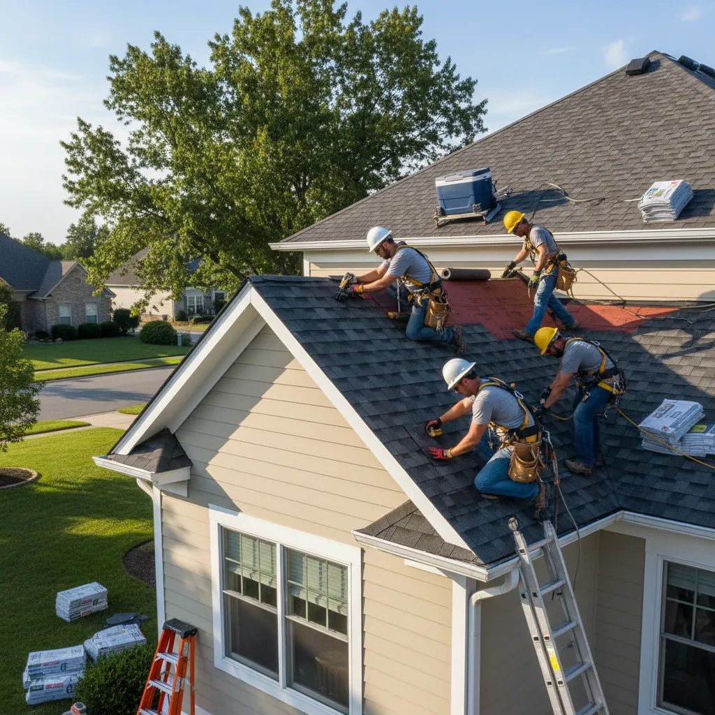 Roof installation process showing workers installing roofing materials