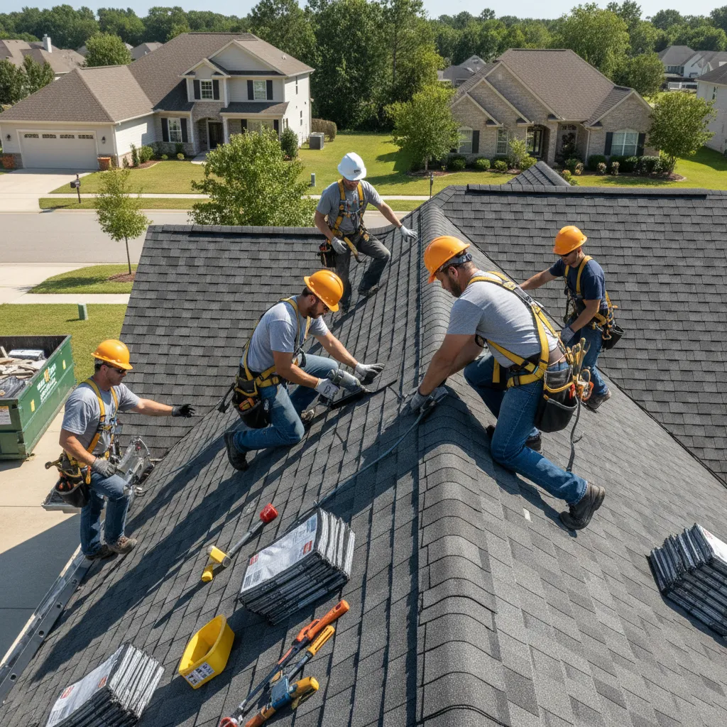 Roofing contractors installing shingles on residential roof