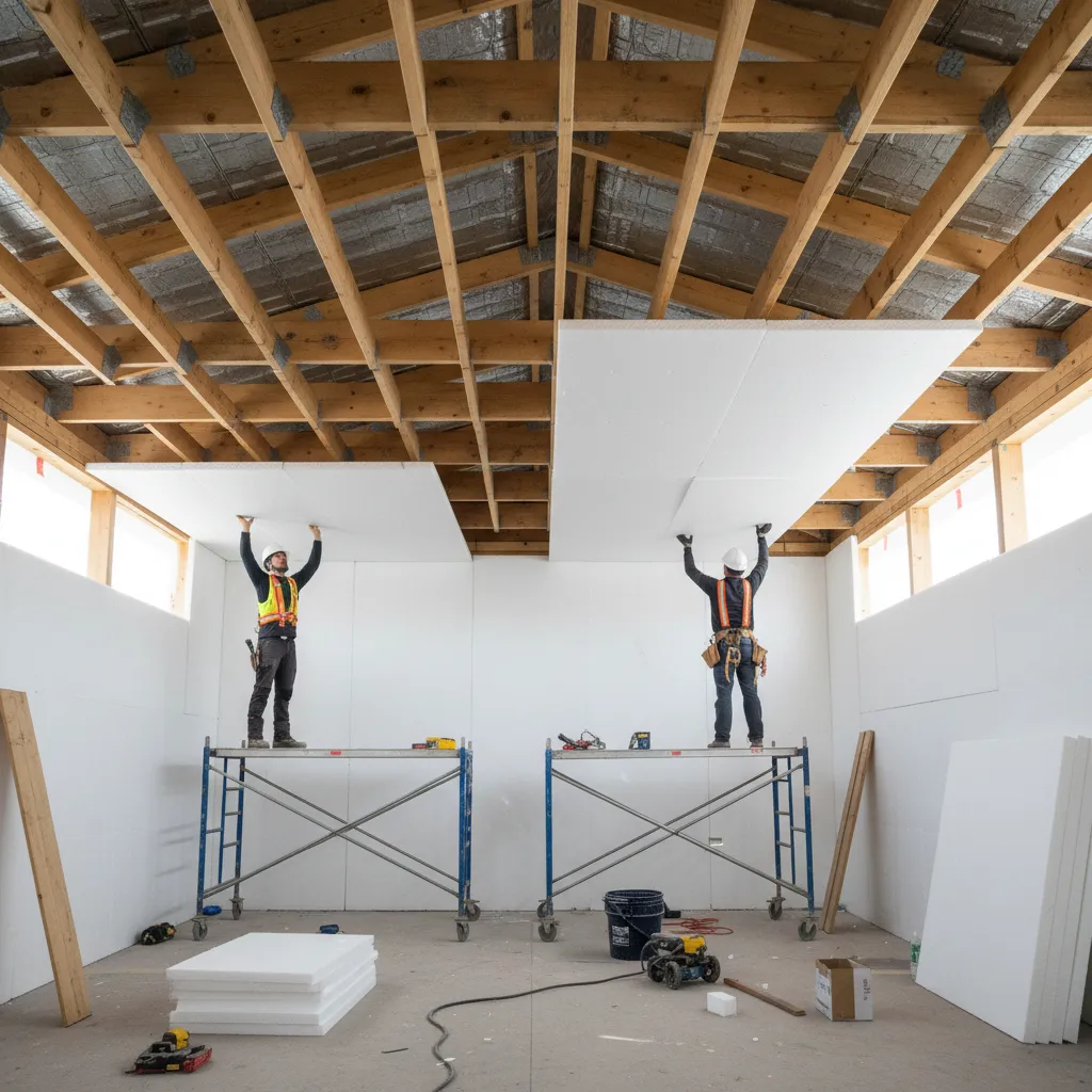 Workers installing rigid board insulation beneath a metal roof structure