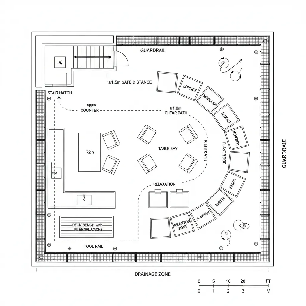 Top-down CAD plan of roof lab with prep counter, table bay, and planters