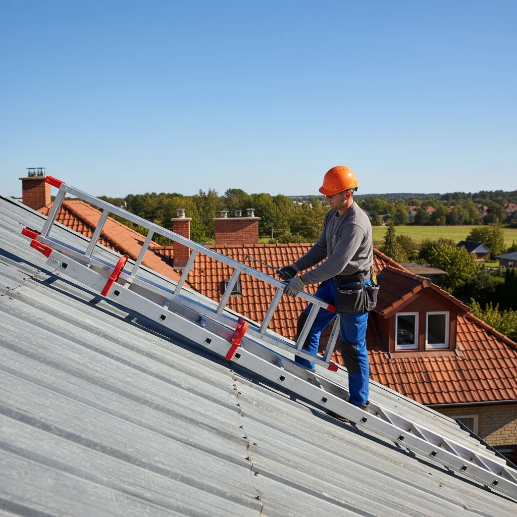 Worker testing ladder stability after installing ladder hooks on a metal roof