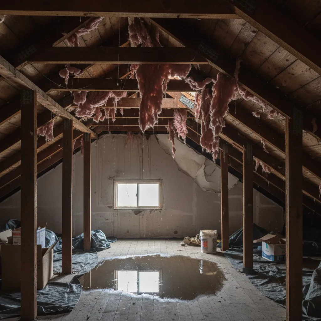 Attic interior showing water damage from leaking roof
