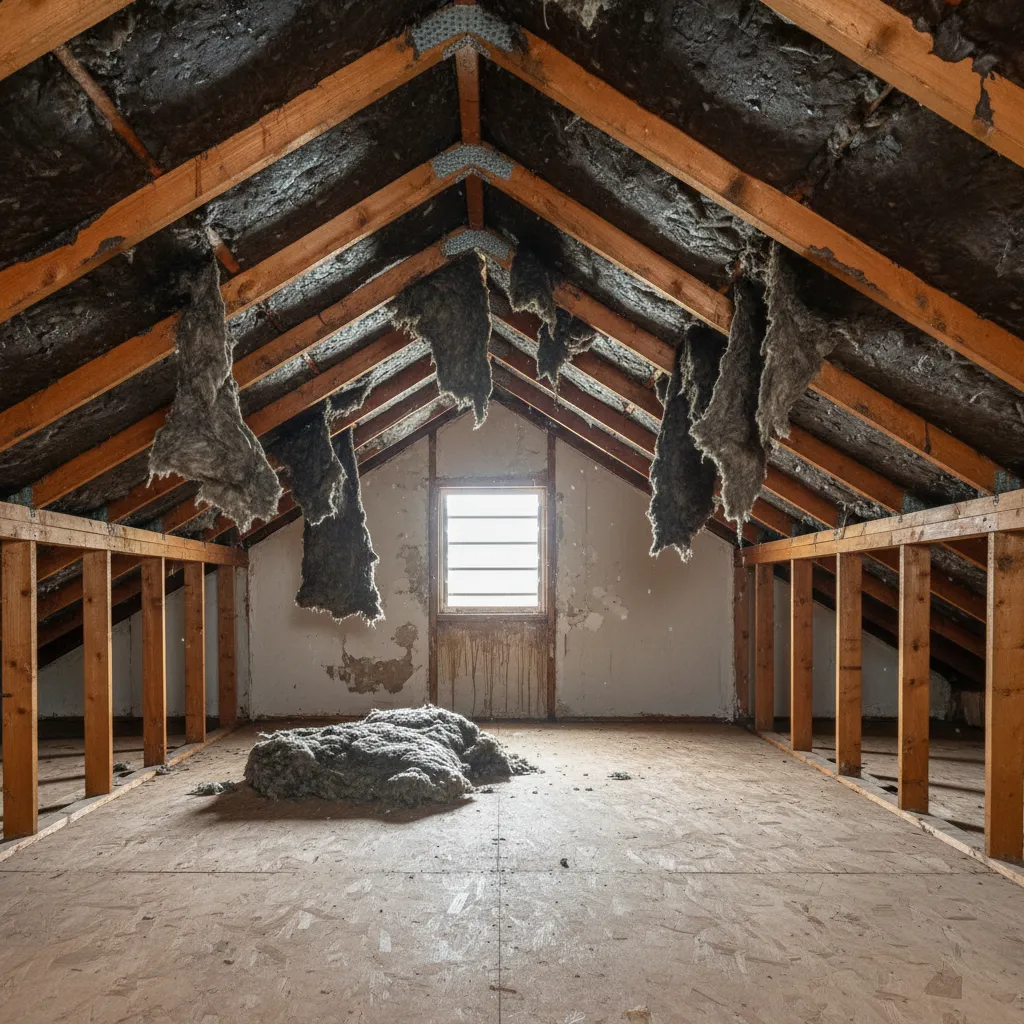 Attic water damage caused by leaking roof installation failure