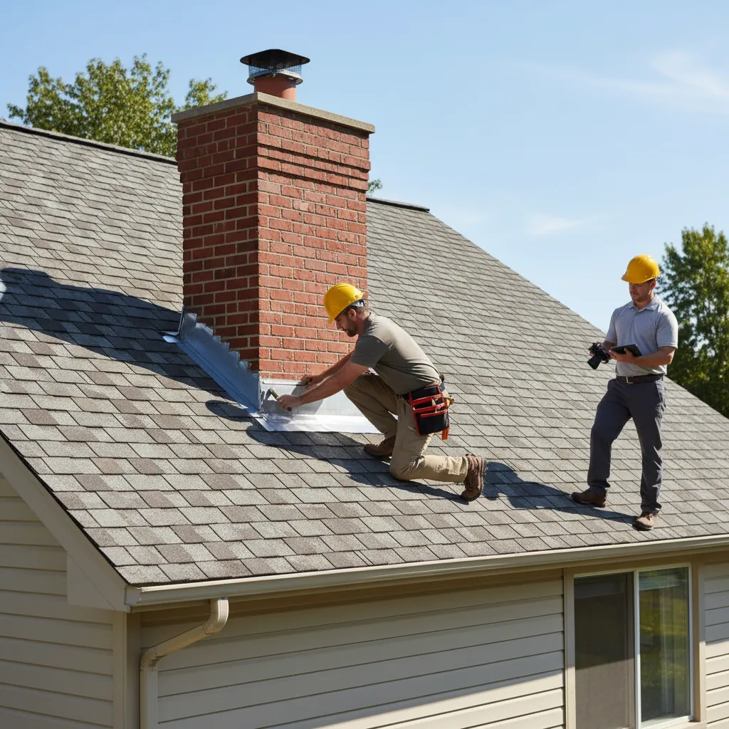 roof inspection showing potential leak source near flashing and shingles