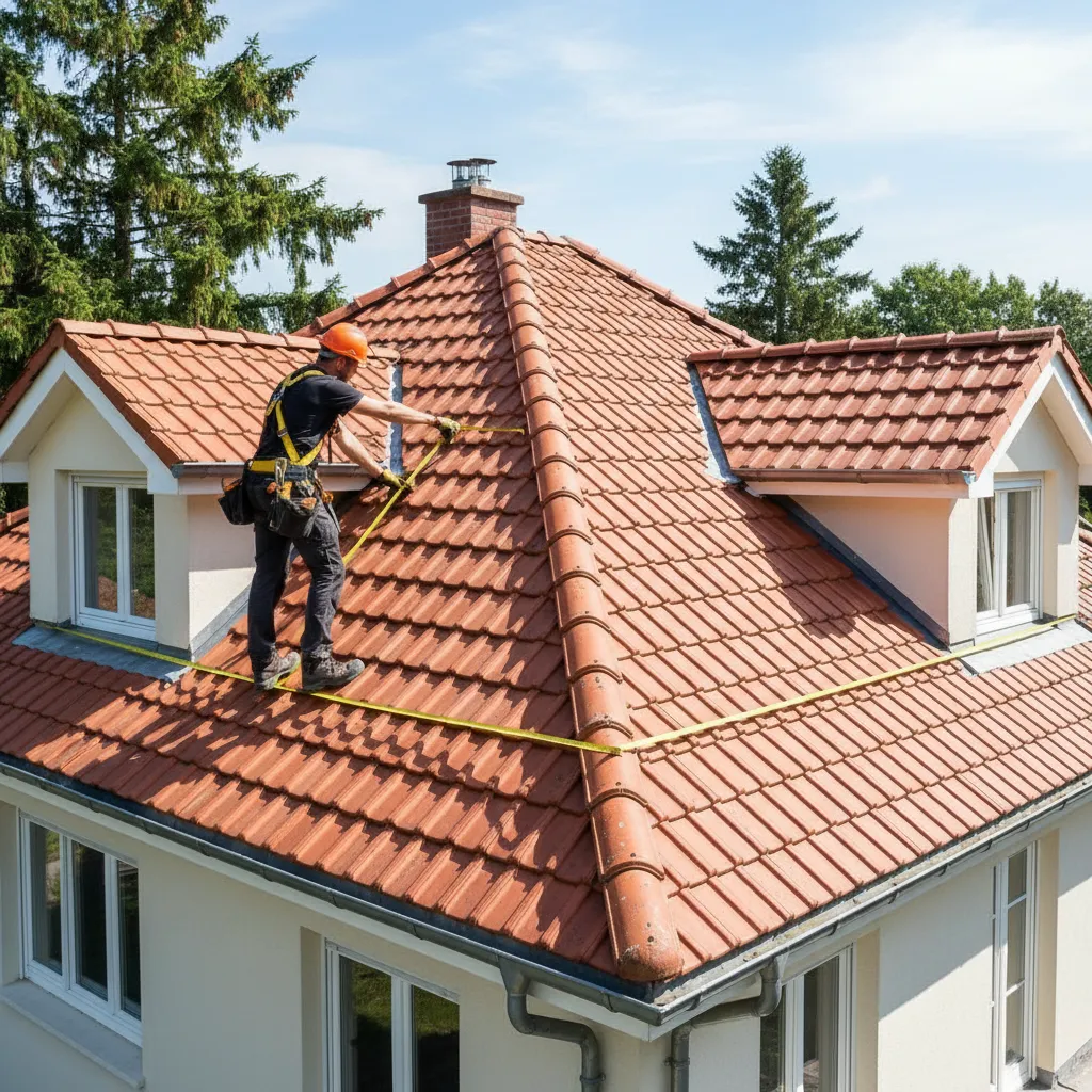Contractor measuring roof length and width with tape measure
