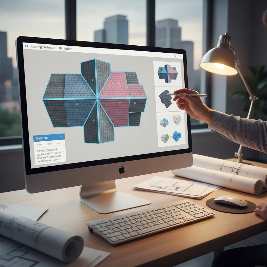 digital roofing plan showing calculated material quantities and roof sections