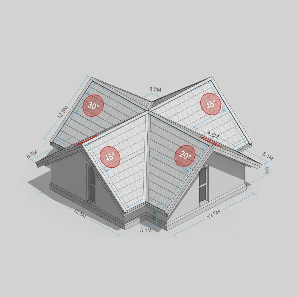 3D roof model with measurement lines and slope indicators