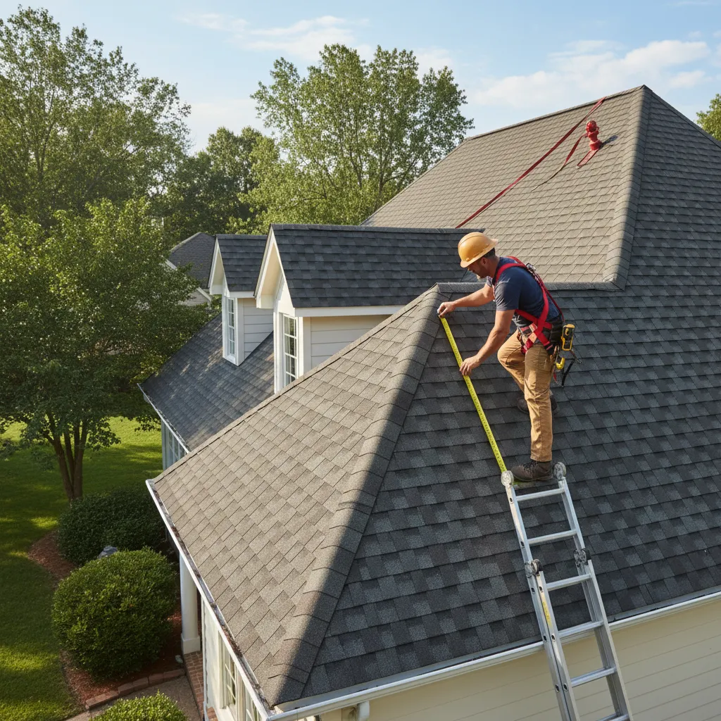 Roofing contractor measuring residential roof for replacement estimate