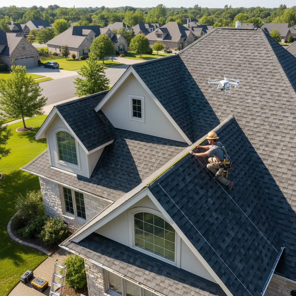 roofing contractor measuring roof area during inspection