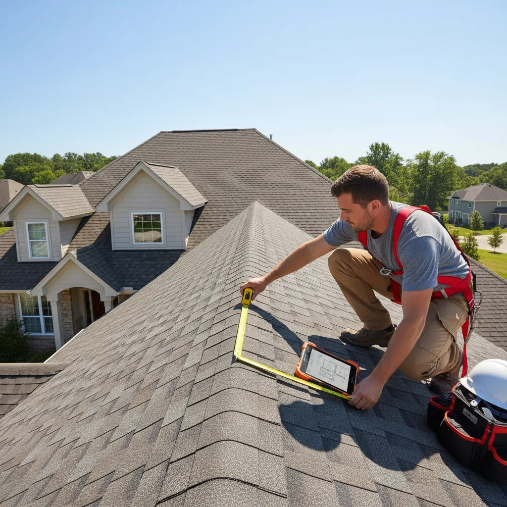 Roofing contractor measuring roof dimensions for replacement estimate