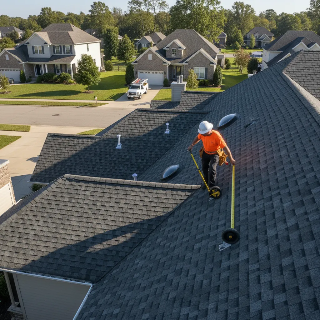roofing contractor measuring roof surface and calculating roofing squares