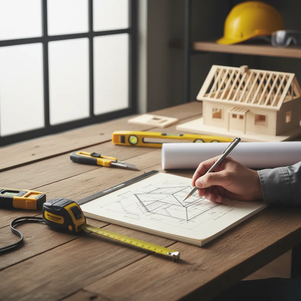 Roof measurement sketch diagram on notebook planning roof sections