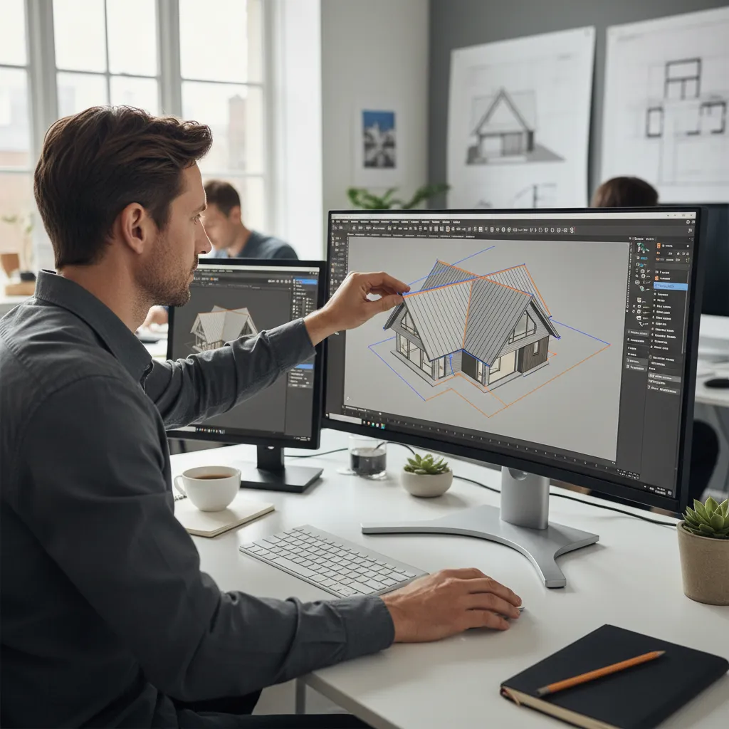 designer adjusting roof slopes in 3D modeling software