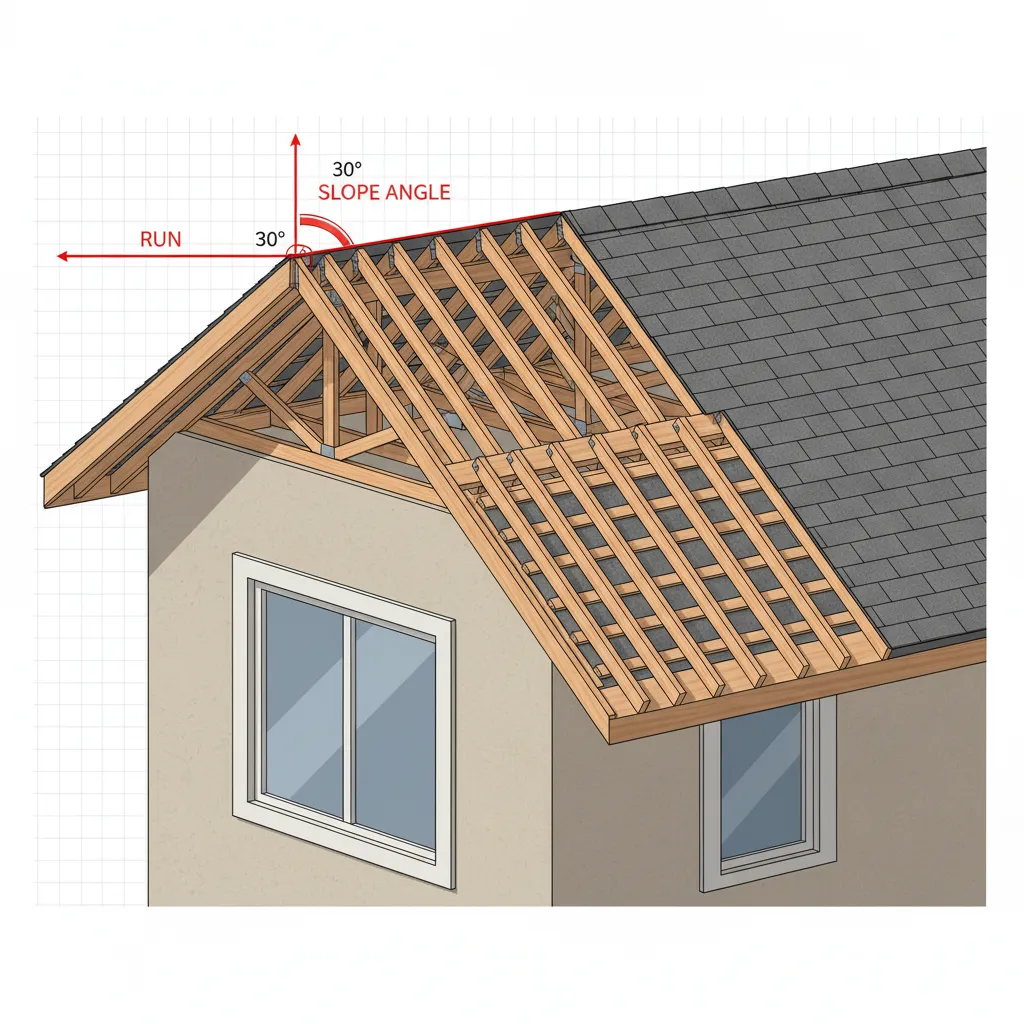 roof pitch calculation showing rise over run on residential roof design