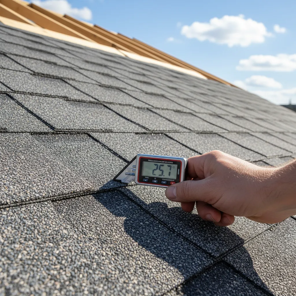 Roof pitch measurement tool showing slope angle on roof