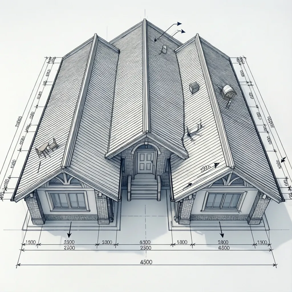 Architectural CAD roof plan showing ridge lines valleys and pitch indicators