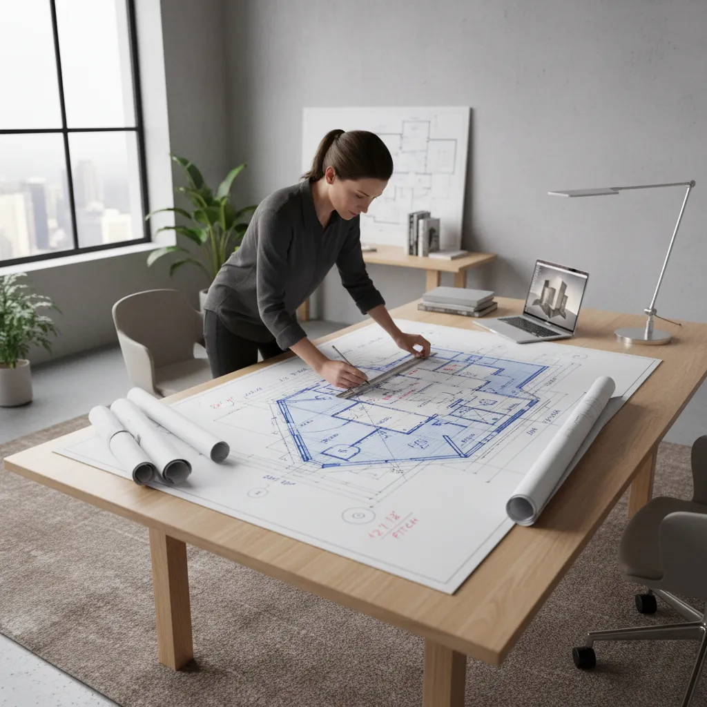 Architect checking roof plan dimensions and overhang measurements