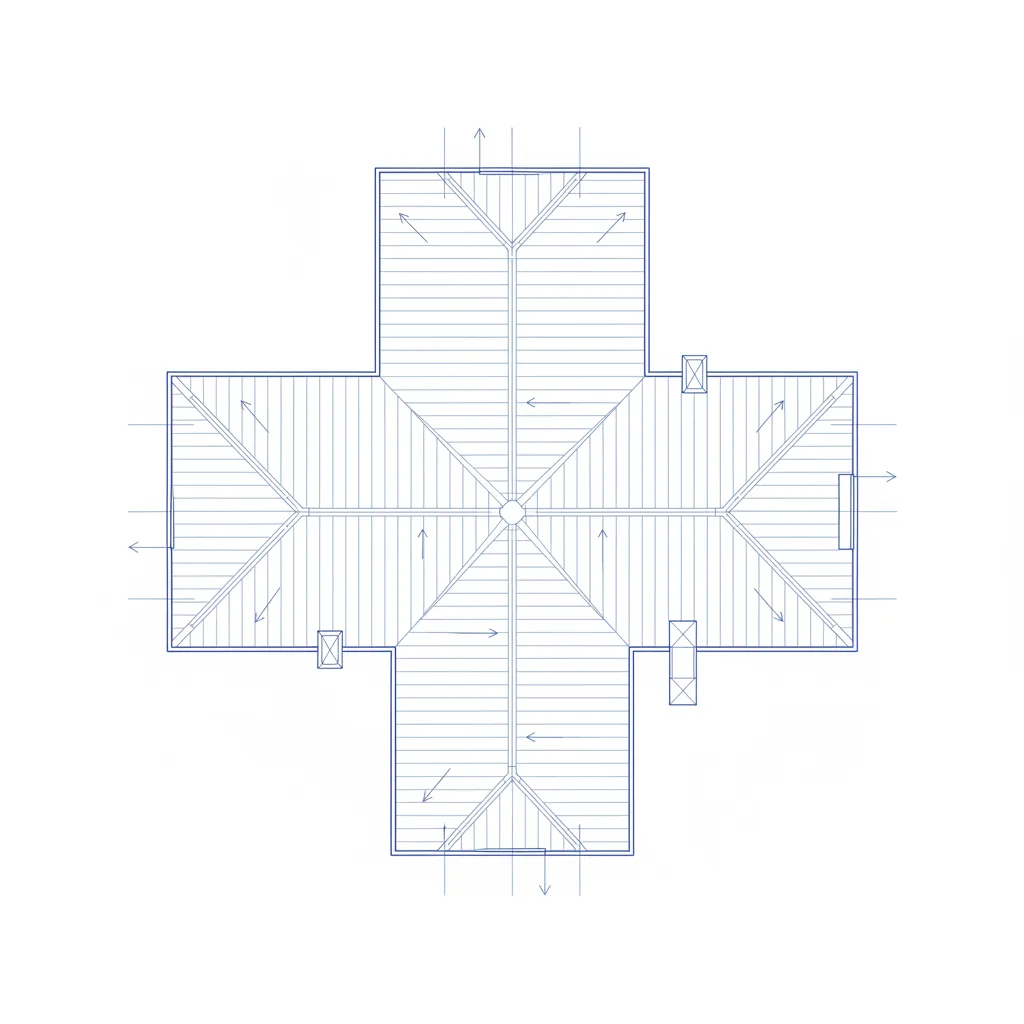 Architectural roof plan drawing showing ridges valleys and slope arrows
