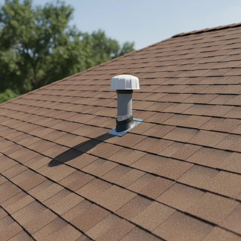 Plumbing roof vent cap installed on asphalt shingle residential roof