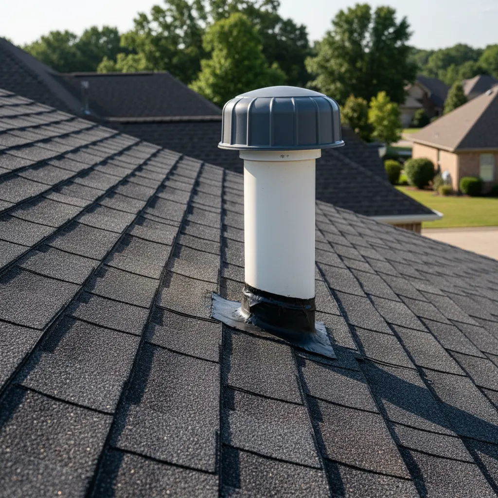 Residential roof with visible plumbing vent pipe and protective vent cap