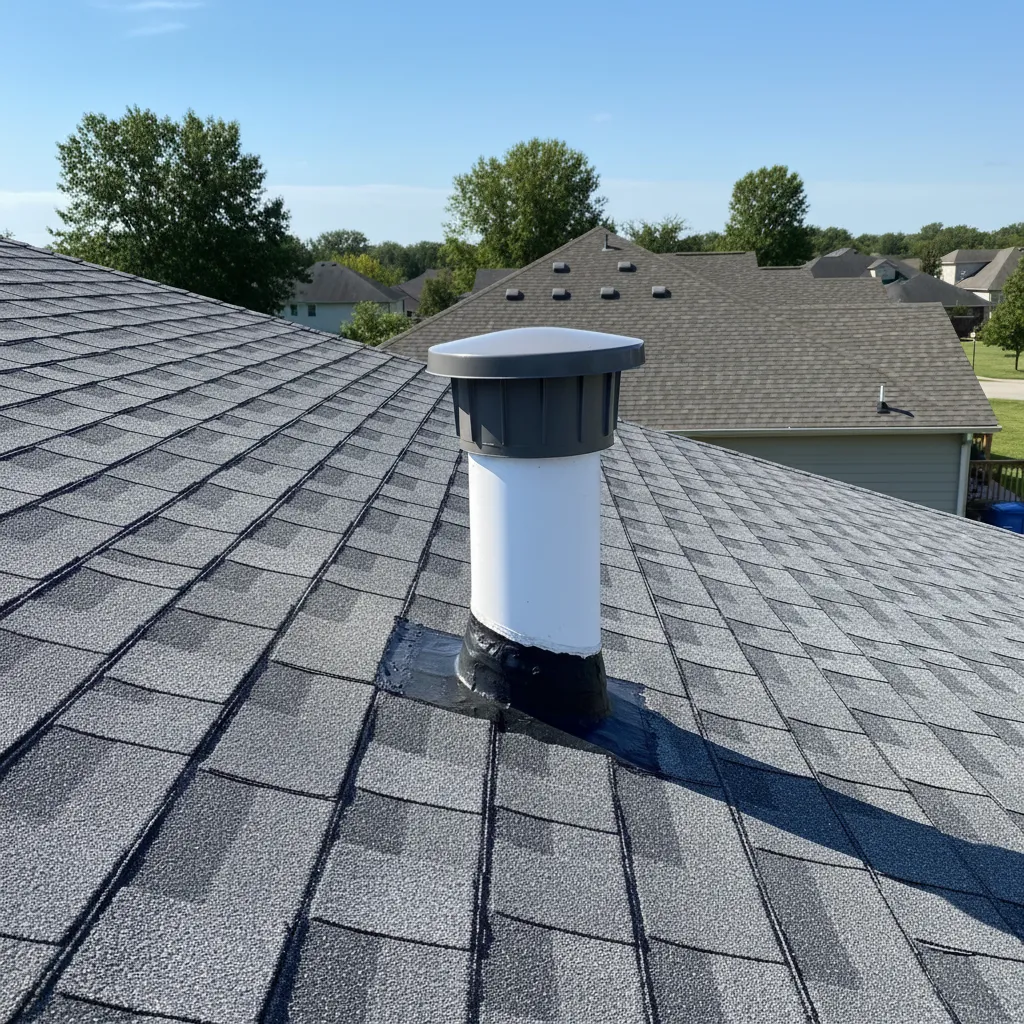 Residential roof with plumbing vent stack and vent cap installed