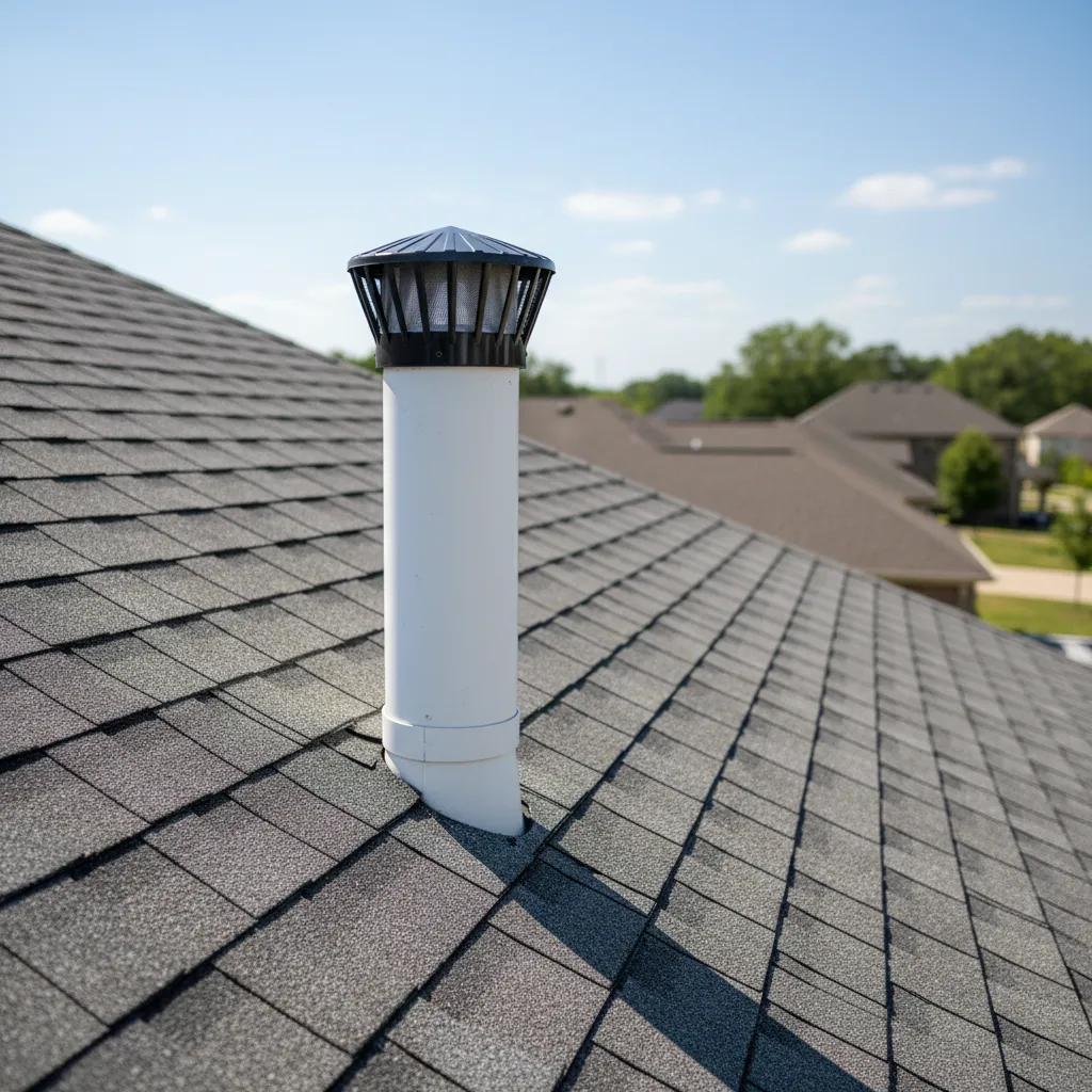 Residential roof showing plumbing vent pipe location