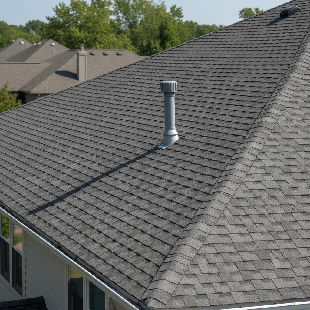 Residential roof showing plumbing vent pipe with protective cap