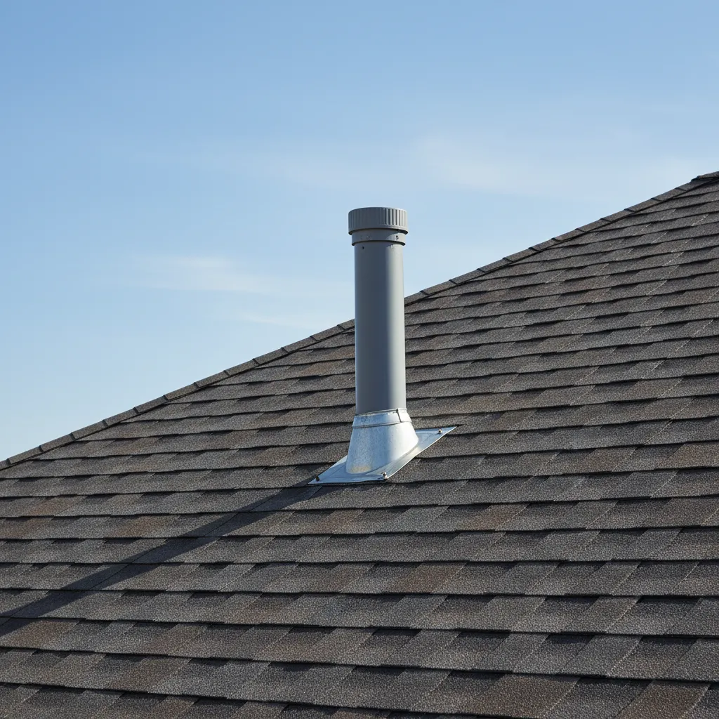 plumbing vent pipe extending through roof with flashing installation