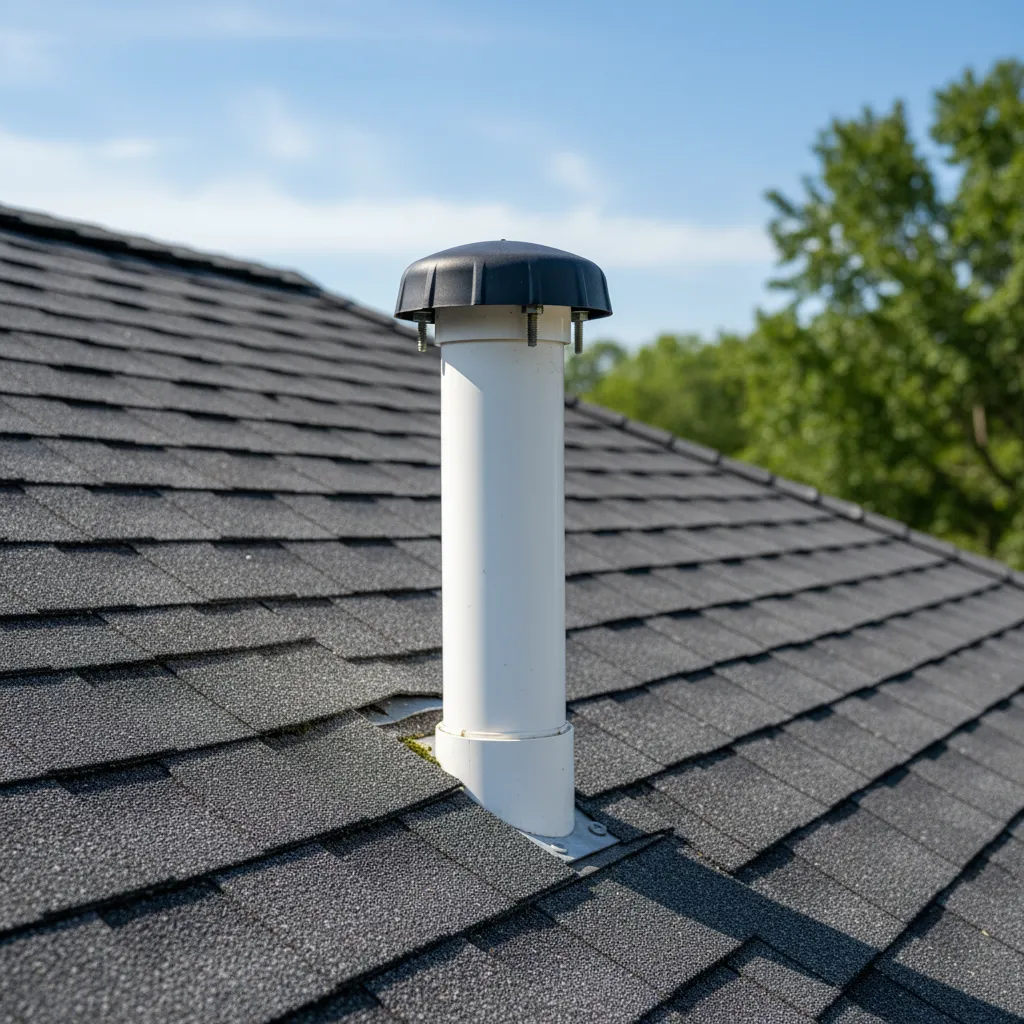 roof plumbing vent pipe with protective cap on asphalt shingles