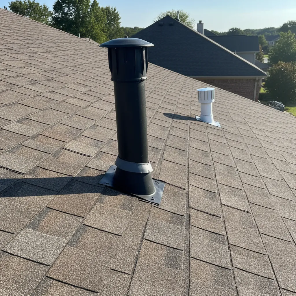 Residential roof with visible plumbing vent stack extending above shingles