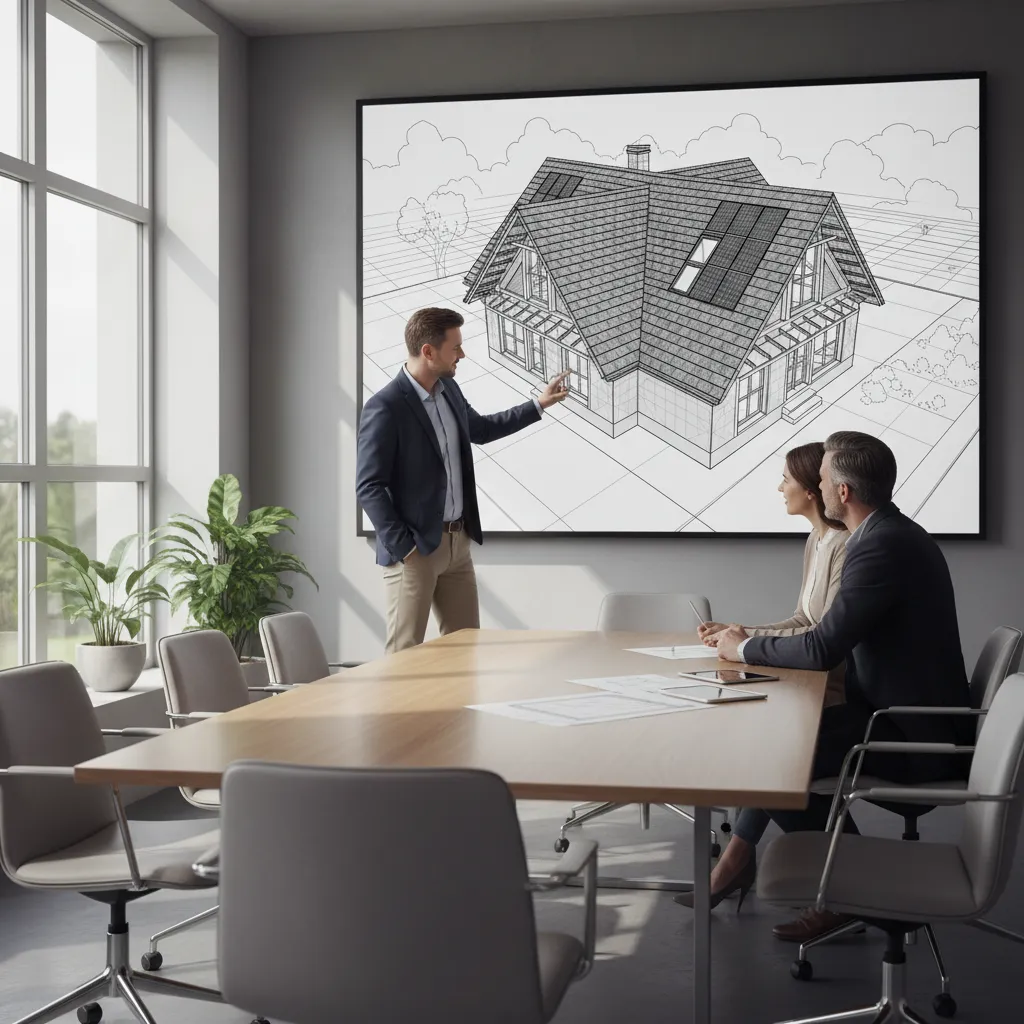 contractor presenting 3D roof design model to homeowners on screen