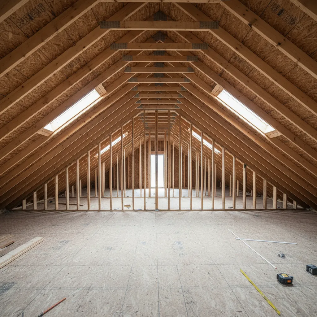 attic roof rafters before dormer construction showing framing structure