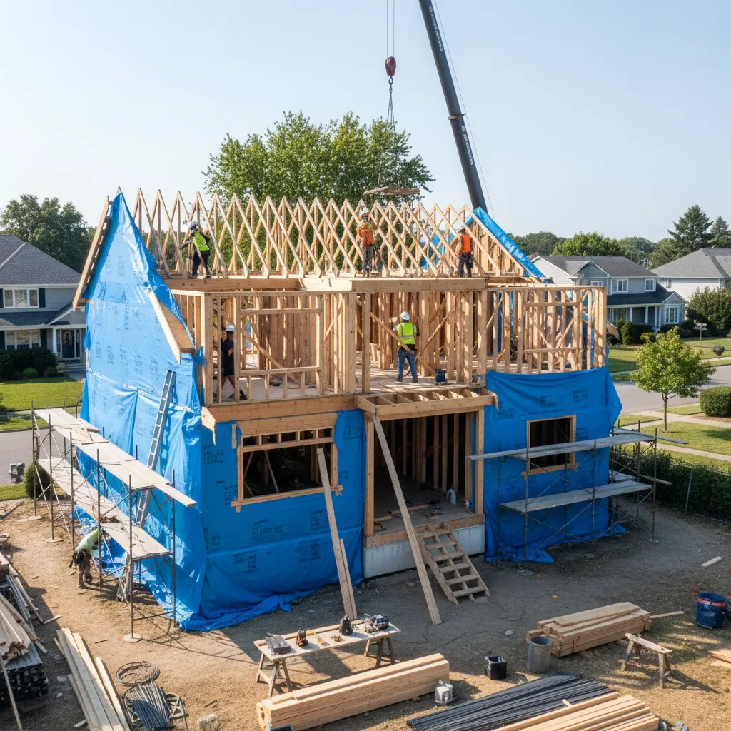 House with roof removed preparing structure for second floor construction