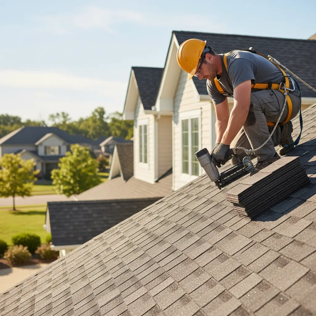 roofing contractor installing new shingles during repair