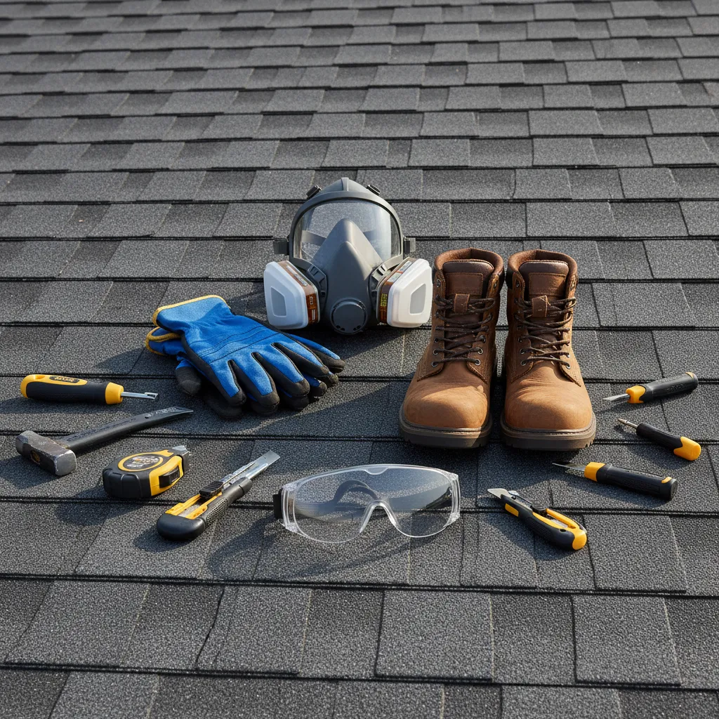 roof repair safety equipment including gloves respirator and goggles