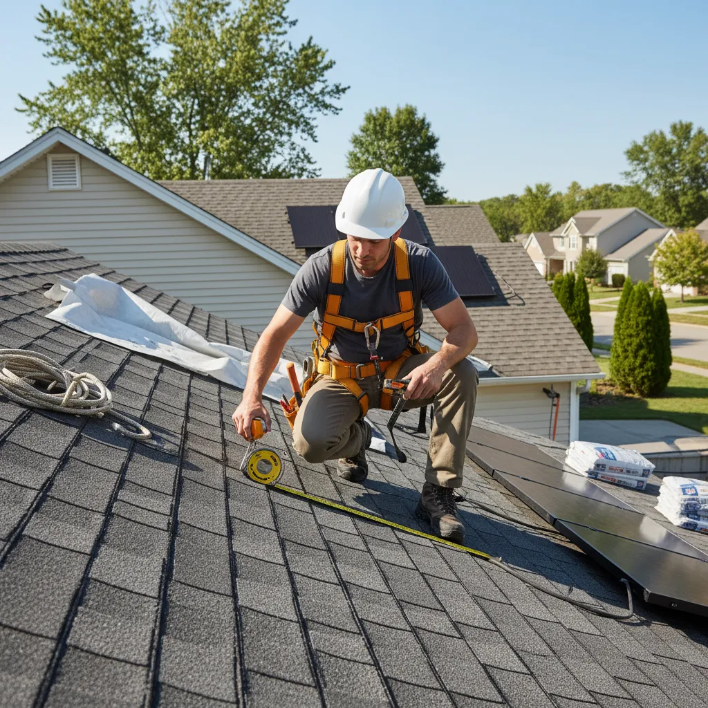 Roof contractor inspecting damaged shingles on residential roof