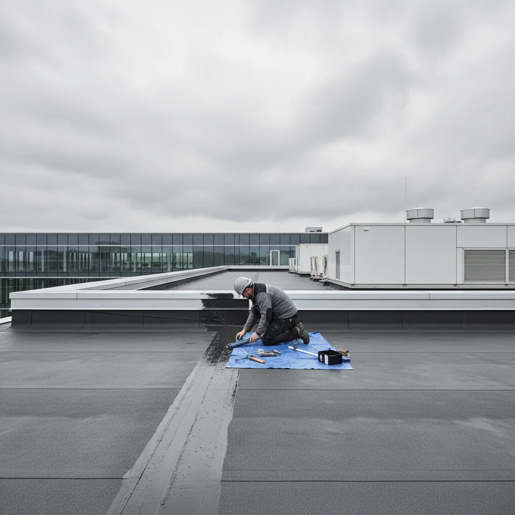 Flat roof under cloudy weather showing repair area preparation
