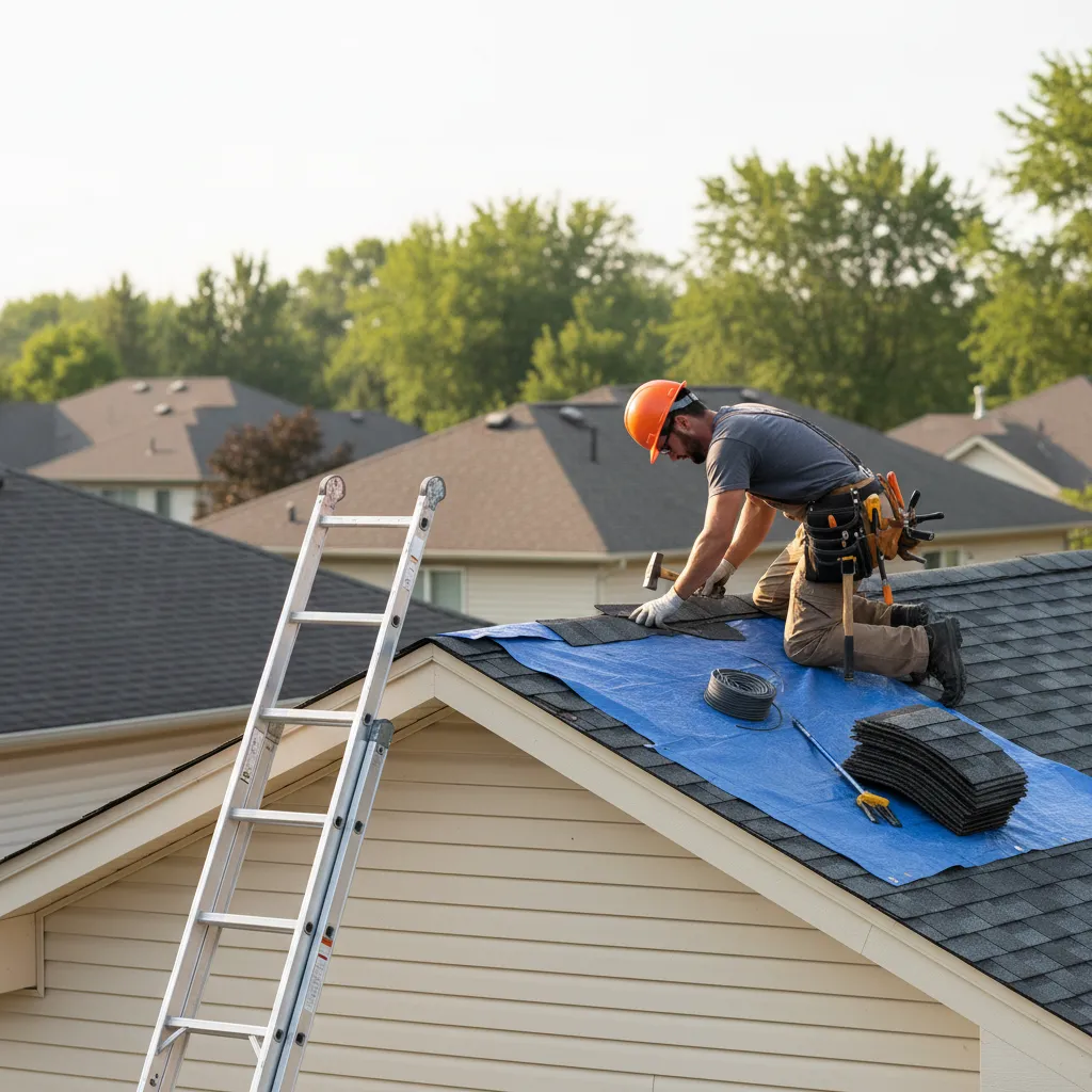 roofing contractor replacing damaged shingles on residential roof