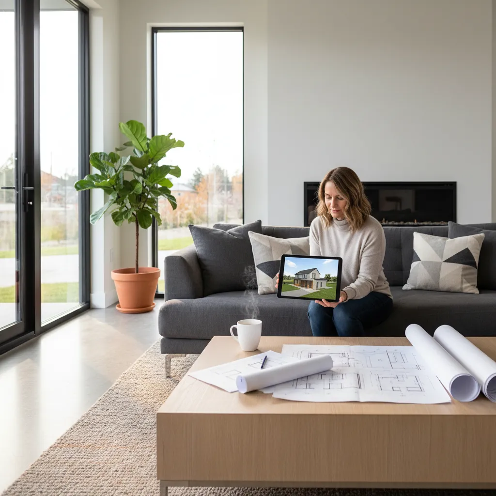 Homeowner reviewing roof renovation plans on a tablet inside a modern living room