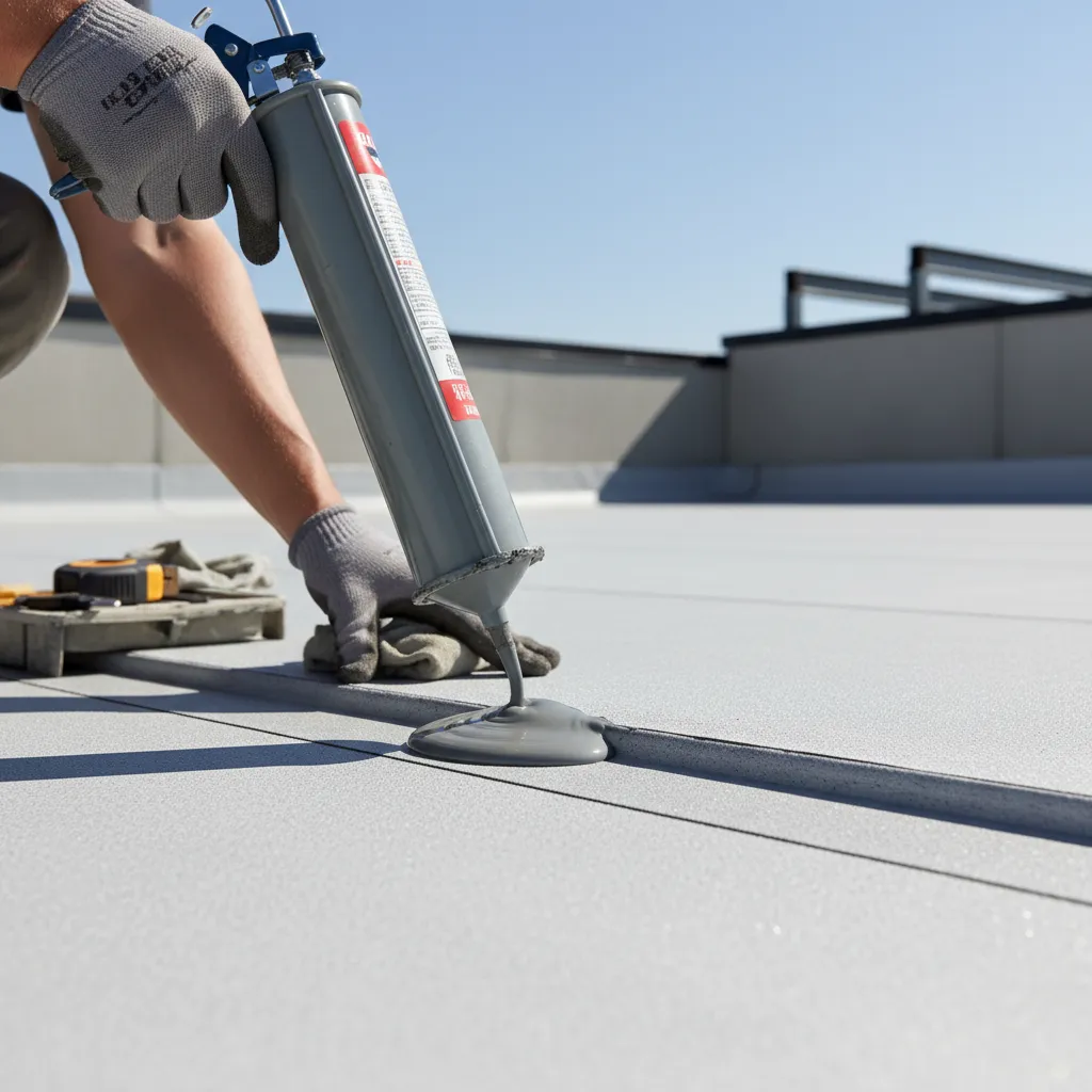 Applying self leveling roof sealant to flat roof joint